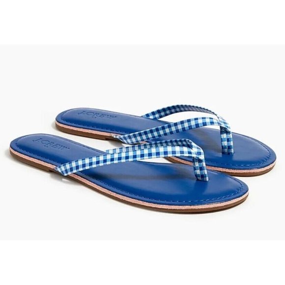J Crew Women's Gingham Sandals Flip Flops Blue White Size 9